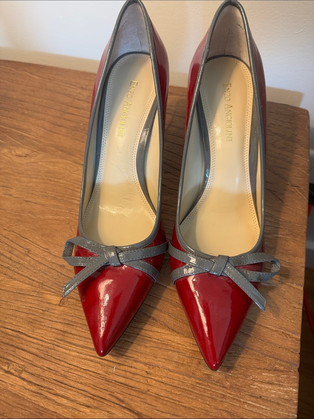 Enzo Angiolini Red Patent Pointed Toe Pumps with Gray Bow Trim